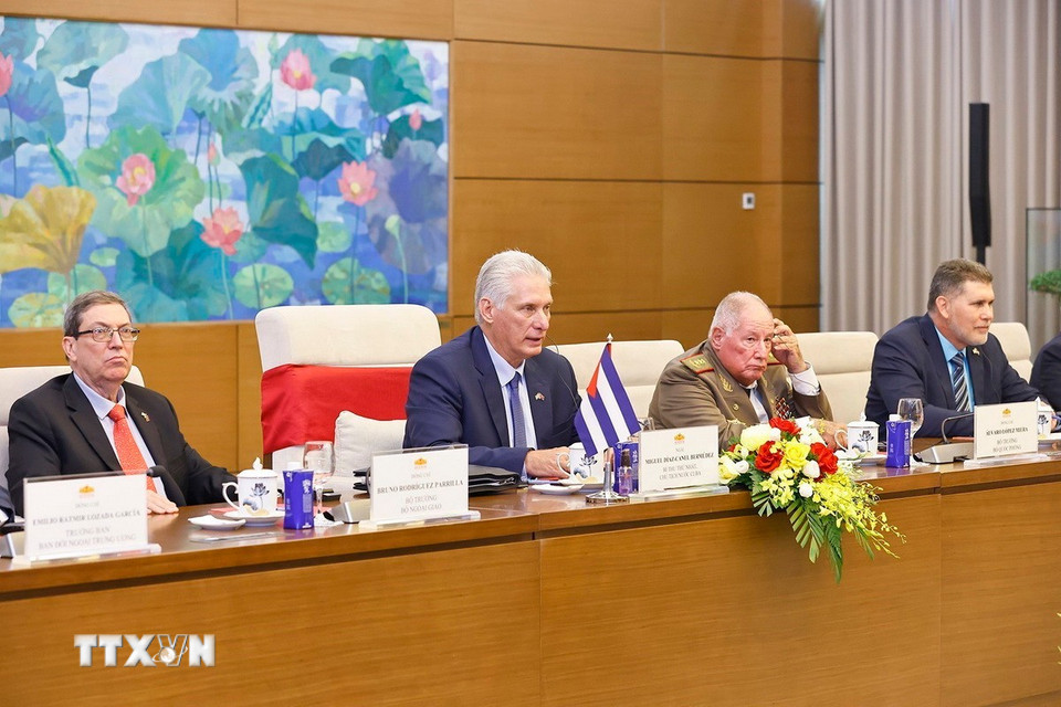 Bí thư thứ nhất Ban Chấp hành Trung ương Đảng Cộng sản Cuba, Chủ tịch nước Cộng hòa Cuba Miguel Díaz-Canel Bermúdez phát biểu. (Ảnh: Doãn Tấn/TTXVN)