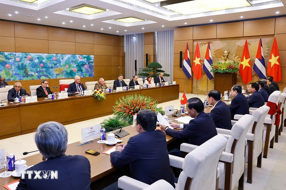 Chủ tịch Quốc hội Trần Thanh Mẫn hội kiến Bí thư thứ Nhất Ban Chấp hành Trung ương Đảng Cộng sản Cuba, Chủ tịch nước Cộng hòa Cuba Miguel Díaz-Canel Bermúdez. (Ảnh: Doãn Tấn/TTXVN)