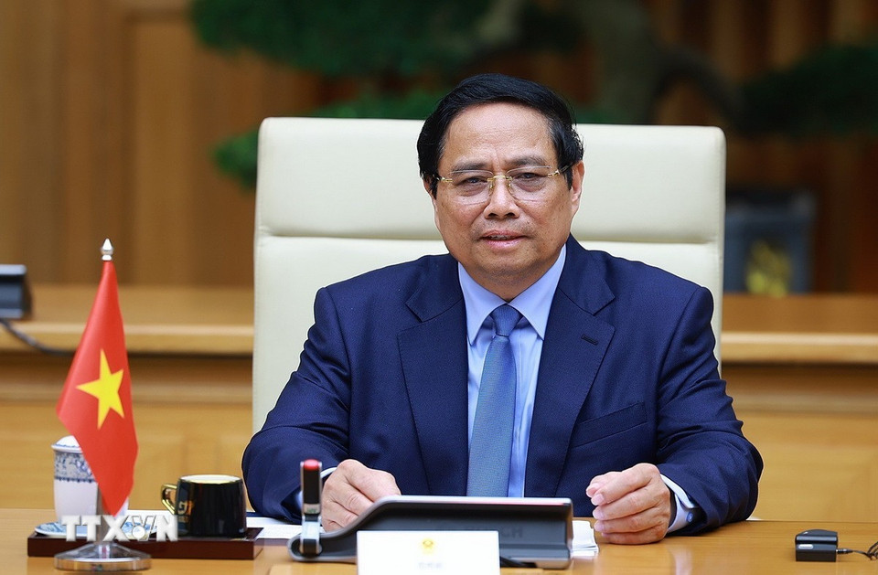 Thủ tướng Phạm Minh Chính phát biểu tại cuộc hội kiến Ủy viên trưởng Nhân đại toàn quốc Trung Quốc Triệu Lạc Tế. (Ảnh: Dương Giang/TTXVN)