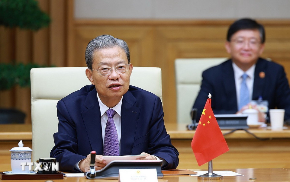 Ủy viên trưởng Nhân đại toàn quốc Trung Quốc Triệu Lạc Tế phát biểu. (Ảnh: Dương Giang/TTXVN)