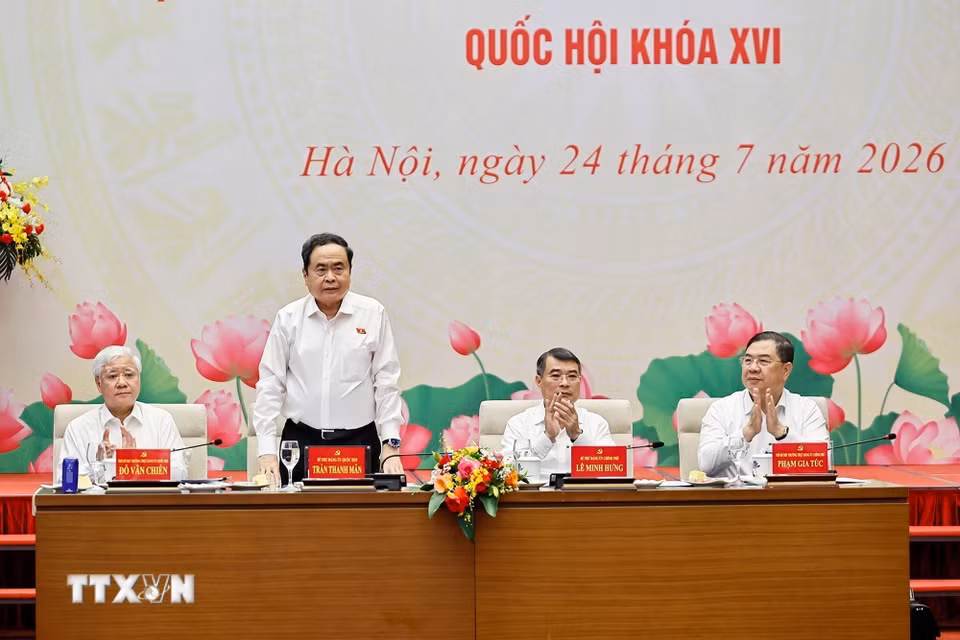 Ủy viên Bộ Chính trị, Bí thư Đảng ủy Quốc hội, Chủ tịch Quốc hội Trần Thanh Mẫn đồng chủ trì Hội nghị. (Ảnh: Doãn Tấn/TTXVN)