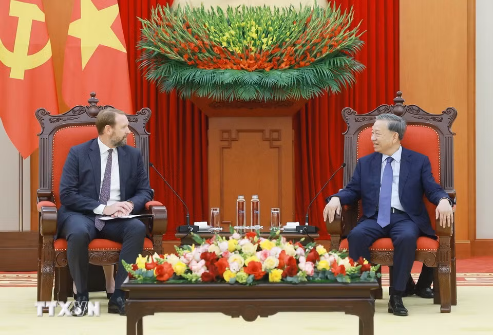 Tổng Bí thư Tô Lâm tiếp ông Nate Franklin, nhà sáng lập và Chủ tịch Tập đoàn Pacifico Energy (PE), Hoa Kỳ. (Ảnh: Thống Nhất/TTXVN)