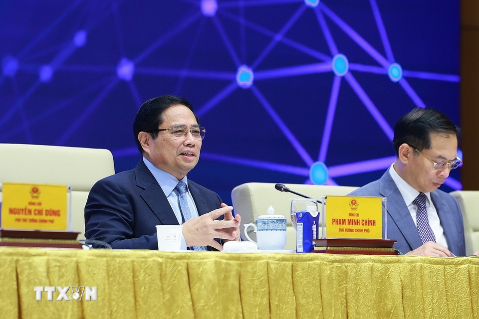 Thủ tướng Phạm Minh Chính chủ trì Diễn đàn Quốc gia phát triển kinh tế số và xã hội số lần thứ 3. (Ảnh: Dương Giang/TTXVN)