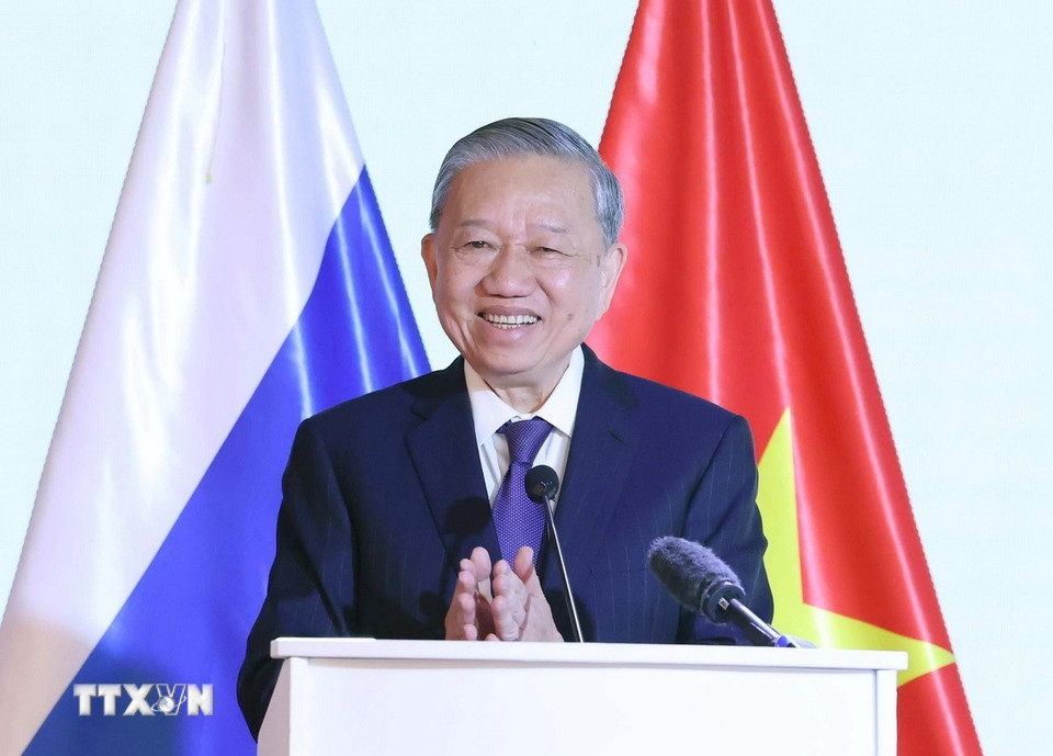 Tổng Bí thư Tô Lâm phát biểu tại buổi gặp mặt tri ân các nhân sỹ, trí thức, chuyên gia Nga từng giúp đỡ Việt Nam. (Ảnh: Thống Nhất/TTXVN)