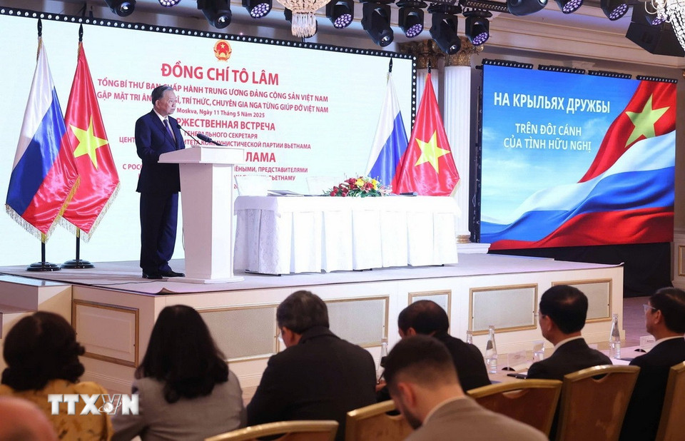 Tổng Bí thư Tô Lâm phát biểu tại buổi gặp mặt tri ân các nhân sỹ, trí thức, chuyên gia Nga từng giúp đỡ Việt Nam. (Ảnh: Thống Nhất/TTXVN)