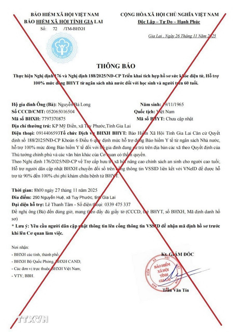 Văn bản giả mạo được gửi đến người dân với mục đích lừa đảo. (Ảnh: TTXVN phát)