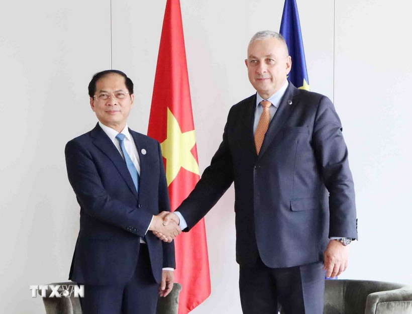 Phó Thủ tướng Bùi Thanh Sơn gặp Cao ủy châu Âu phụ trách Đối tác quốc tế, Jozef Sikela. (Ảnh: Hương Giang/TTXVN)