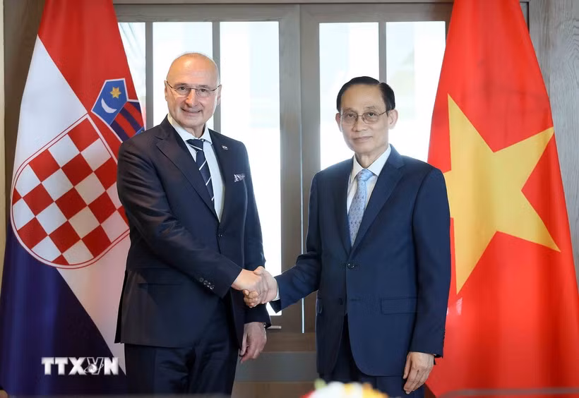 Bộ trưởng Ngoại giao Lê Hoài Trung và Bộ trưởng Ngoại giao và các vấn đề châu Âu Croatia Gordan Grlic Radman. (Ảnh: An Đăng/TTXVN)