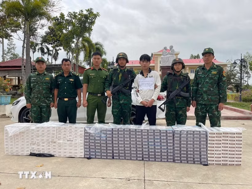 Đối tượng Nguyễn Trung Hậu cùng phương tiện và tang vật bị lực lượng chức năng bắt giữ. (Ảnh: TTXVN phát)