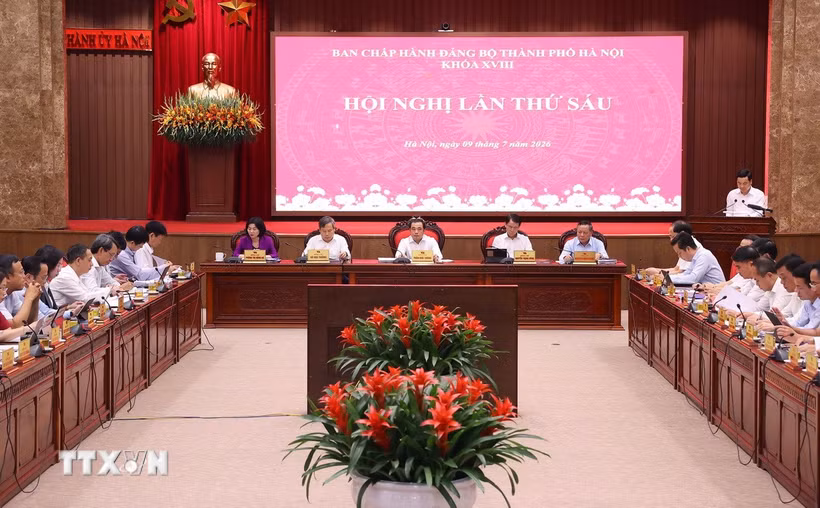 Hội nghị lần thứ sáu Ban Chấp hành Đảng bộ thành phố Hà Nội khóa XVIII. (Ảnh: Văn Điệp/TTXVN)