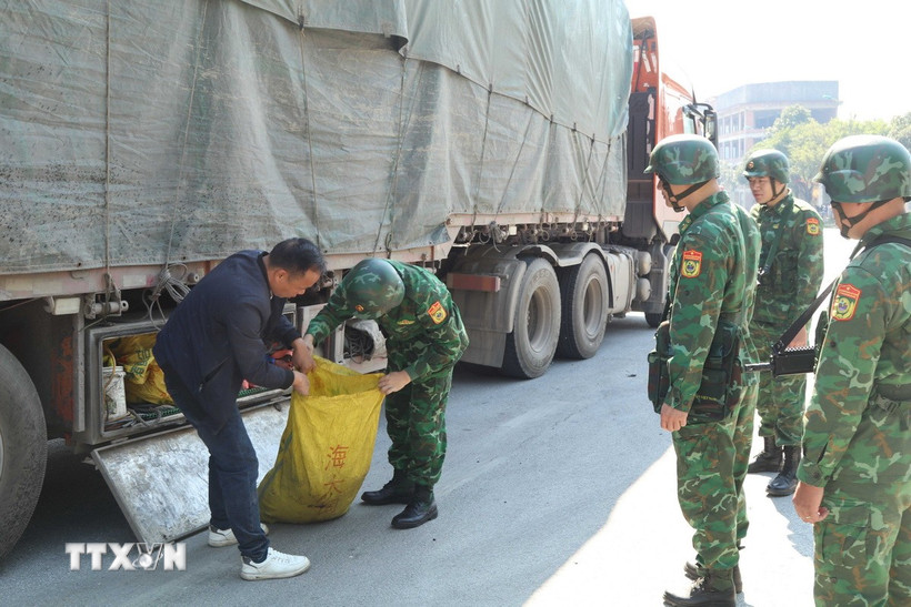 Tổ tuần tra cơ động Bộ đội Biên phòng cửa khẩu Chi Ma kiểm tra phương tiện vận tải hàng hóa trong khu vực cửa khẩu. (Ảnh: Quang Duy/TTXVN)
