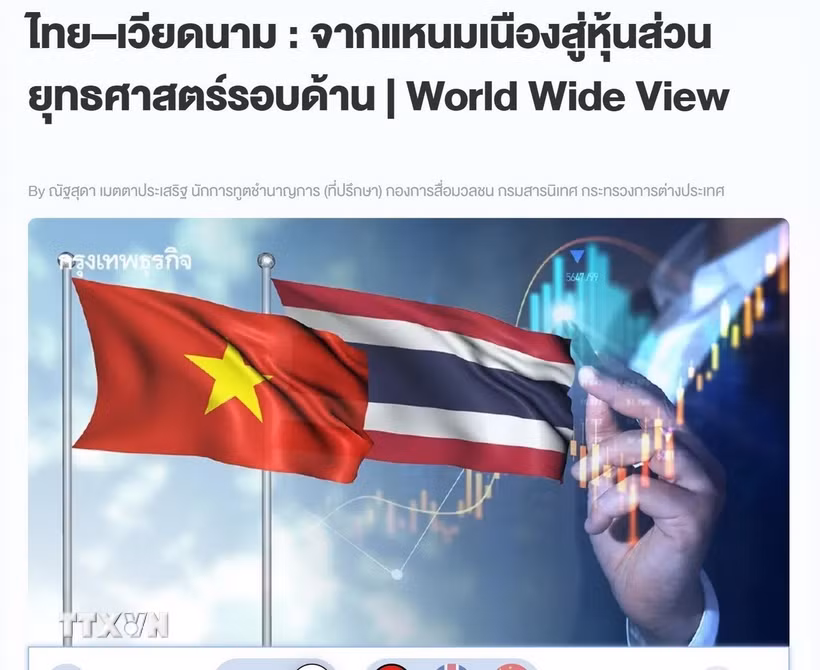 Bài viết “Thái Lan-Việt Nam: Từ Nem Nướng đến Quan hệ Đối tác Chiến lược Toàn diện” đăng trên báo mạng Bangkokbiznews ngày 26/5. (Ảnh: TTXVN phát phát)