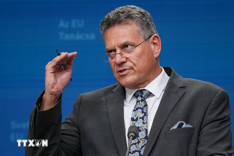 Ủy viên Thương mại Liên minh châu Âu Maros Sefcovic tại cuộc họp báo ở Brussels, Bỉ. (Ảnh: THX/TTXVN)