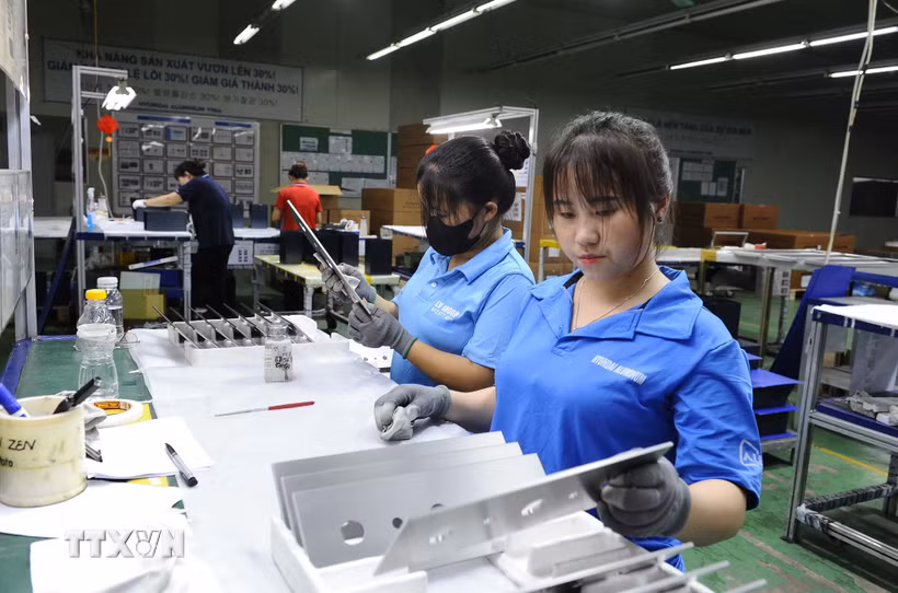 Công nhân tại Khu Công nghiệp Phố Nối A hăng say sản xuất. (Ảnh Mạnh Khánh/TTXVN)