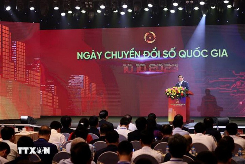 Thủ tướng Phạm Minh Chính phát biểu tại Ngày Chuyển đổi số quốc gia (10/10). (Ảnh: Dương Giang/TTXVN)