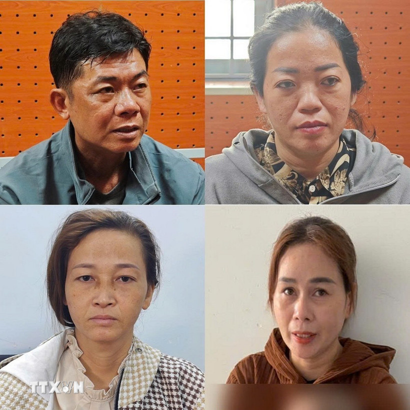 Các đối tượng (theo thứ tự từ trên xuống dưới, trái qua phải): Nguyễn Văn Tâm, Nguyễn Thị Yến Linh, Nguyễn Thị Thùy, Lê Thị Lài. (Ảnh: TTXVN phát)
