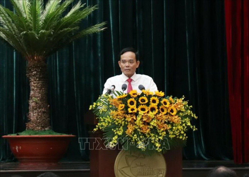 Bí thư Thành ủy Thành phố Hồ Chí Minh Trần Lưu Quang phát biểu tại hội nghị. (Ảnh: Tiến Lực/TTXVN)