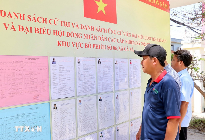 Người dân ở xã Cà Ná theo dõi sát sao danh sách niêm yết ứng cử viên Đại biểu Quốc hội khóa XVI và Đại biểu HĐND các cấp tại tổ bầu cử số 6. (Ảnh: Công Thử/TTXVN)