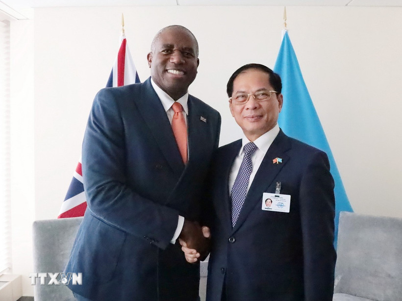 Phó Thủ tướng Bùi Thanh Sơn gặp Phó Thủ tướng, Bộ trưởng Bộ Tư pháp Liên hiệp Vương quốc Anh và Bắc Ireland David Lammy. (Ảnh: Thanh Tuấn/TTXVN)
