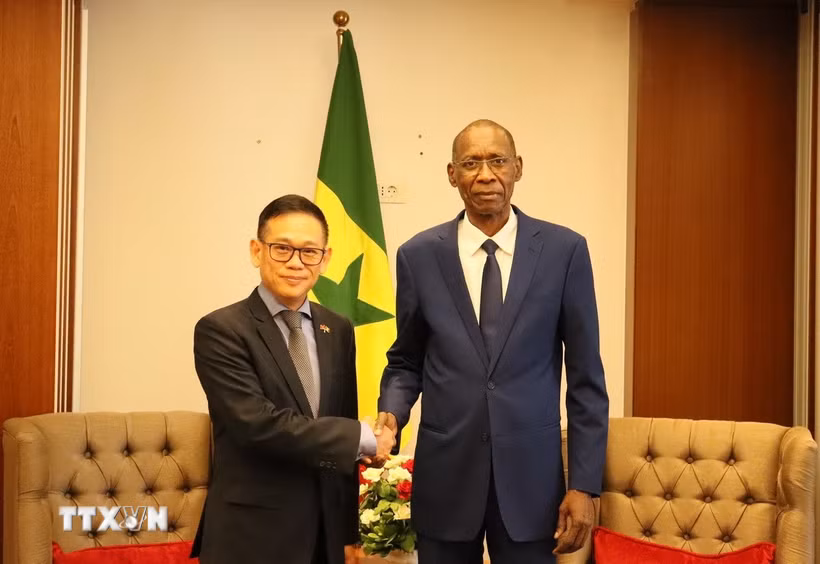 Bộ trưởng Hội nhập châu Phi, Ngoại giao và người Senegal ở nước ngoài Cheikh NIANG tiếp Đại sứ Việt Nam tại Algeria kiêm nhiệm Senegal Trần Quốc Khánh. (Ảnh: Mạnh Hùng/TTXVN)