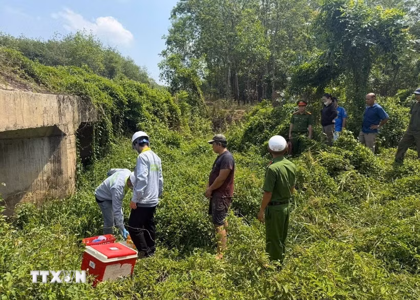 Trung tâm Kỹ thuật Tài nguyên và Môi trường, Chi nhánh khu vực Bình Phước thuộc Sở Nông nghiệp và Môi trường thành phố Đồng Nai phối hợp với các đơn vị liên quan lấy mẫu nước thải để giám định, phân tích phục vụ công tác xử lý theo quy định. (Ảnh: TTXVN phát)
