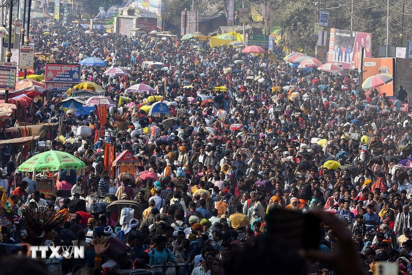 Những người hành hương tham gia lễ hội tôn giáo Kumbh Mela ở thành phố Prayagraj (Ấn Độ) - nơi xảy ra một vụ giẫm đạp khiến nhiều người thương vong hồi tháng 01/2025. (Ảnh: ANI/TTXVN)