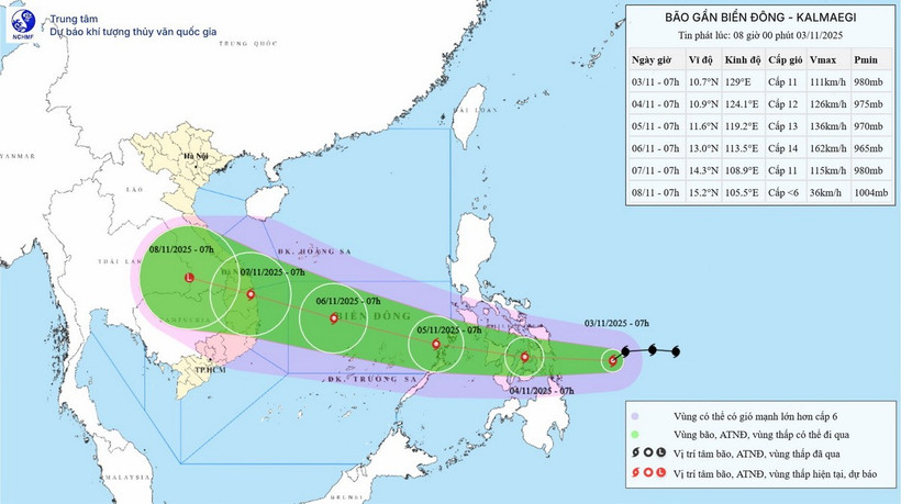 Bão Kalmaegi đổi hướng và có khả năng mạnh lên. (Ảnh: Trung tâm Dự báo Khí tượng Thủy văn Quốc gia)