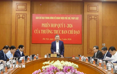 Tổng Bí thư Tô Lâm phát biểu tại phiên họp quý 1/2026 của Ban Chỉ đạo Trung ương về hoàn thiện thể chế, pháp luật. (Ảnh: Thống Nhất/TTXVN)