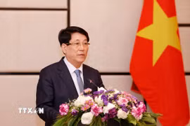 Chủ tịch nước Lương Cường phát biểu tại buổi gặp cộng đồng người Việt Nam tại Lào. (Ảnh: Lâm Khánh/TTXVN)