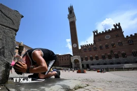 Một người đàn ông làm mát tại đài phun nước ở Siena, Italy. (Ảnh: THX/TTXVN)