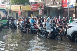 Quanh khu vực Khu đô thị Tân tây Đô, xã Ô Diên, vẫn trong tình trạng ngập nặng. (Ảnh: Văn Điệp/TTXVN)