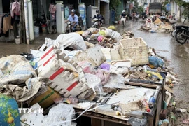 Hàng trăm tấn rác trôi dạt trong vùng ngập lũ của phường Tuy Hòa. (Ảnh: Tường Quân/TTXVN)