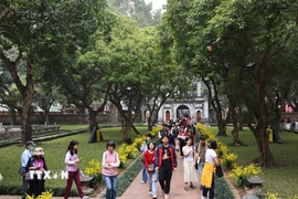 Đông đảo người dân thủ đô tham quan Văn Miếu-Quốc Tử Giám sáng mùng 1 Tết Bính Ngọ. (Ảnh: Minh Đức/ TTXVN)