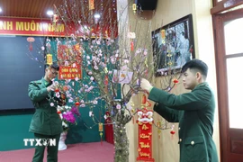 Cán bộ, chiến sỹ Đồn Biên phòng Cửa khẩu quốc tế Hữu Nghị (Lạng Sơn) chăm sóc, trang trí cây đào Tết tại đơn vị. (Ảnh: Quang Duy/TTXVN)