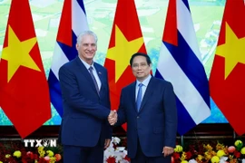Thủ tướng Phạm Minh Chính hội kiến Bí thư thứ nhất, Chủ tịch Cuba Miguel Díaz-Canel Bermúdez. (Ảnh: Dương Giang/TTXVN)