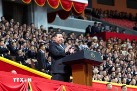 Tổng Bí thư Đảng Lao động Triều Tiên, Chủ tịch Quốc vụ Kim Jong Un phát biểu tại lễ kỷ niệm 80 năm thành lập Đảng Lao động Triều Tiên ở thủ đô Bình Nhưỡng ngày 9/10/2025. (Ảnh: THX/TTXVN)