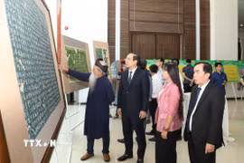 Các đại biểu tham quan hệ thống tư liệu về ma nhai núi Non Nước tại tọa đàm. (Ảnh: Đức Phương/TTXVN)