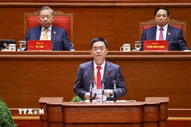 Đồng chí Lê Quốc Anh, Tỉnh ủy viên, Bí thư Đảng ủy đặc khu Phú Quốc (tỉnh An Giang), trình bày tham luận “Phát triển đặc khu Phú Quốc thành trung tâm kinh tế, du lịch-dịch vụ tổng hợp tầm quốc gia, quốc tế. (Ảnh: TTXVN)