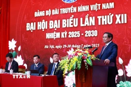 Thủ tướng Phạm Minh Chính, Bí thư Đảng ủy Chính phủ phát biểu tại Đại hội đại biểu Đảng bộ Đài Truyền hình Việt Nam lần thứ 12, nhiệm kỳ 2025-2030. (Ảnh: Dương Giang/TTXVN)