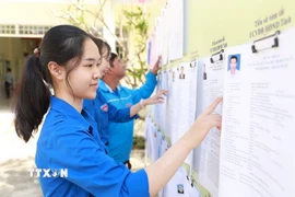 Những cử tri lần đầu tham gia bỏ phiếu bầu cử tìm hiểu tiểu sử tóm tắt người ứng cử Quốc hội và Hội đồng Nhân dân các cấp. (Ảnh: Xuân Triệu/TTXVN)