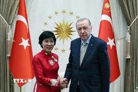 Đại sứ Đặng Thị Thu Hà với Tổng thống Thổ Nhĩ Kỳ Recep Tayyip Erdoğan tại buổi lễ. (Ảnh: TTXVN phát)