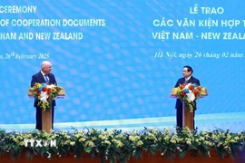 Thủ tướng Phạm Minh Chính và Thủ tướng New Zealand Christopher Luxon tuyên bố nâng cấp quan hệ Việt Nam- New Zealand lên Đối tác Chiến lược toàn diện. (Ảnh: Dương Giang/TTXVN)