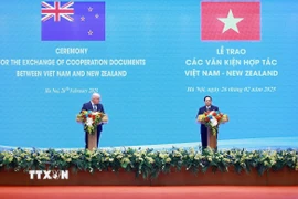 Thủ tướng Phạm Minh Chính và Thủ tướng New Zealand Christopher Luxon tuyên bố nâng cấp quan hệ Việt Nam- New Zealand lên Đối tác Chiến lược toàn diện. (Ảnh: Dương Giang/TTXVN)