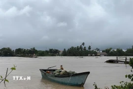 Nước lũ lên cao đã cuốn trôi cầu gỗ Phú Kiểng (phường Tây Nha Trang, tỉnh Khánh Hòa). (Ảnh: TTXVN phát)