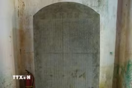 Tấm bia đá chùa Nghĩa Xá (Ninh Bình) vừa được Thủ tướng Chính phủ công nhận là Bảo vật quốc gia. (Ảnh: Công Luật/TTXVN)
