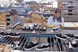 Sản xuất giày xuất khẩu sang thị trường EU tại Công ty trách nhiệm hữu hạn Hóa dệt Hà Tây. (Ảnh: Trần Việt/TTXVN)