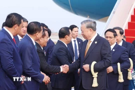 Lễ đón Tổng Bí thư Tô Lâm tại Sân bay Quốc tế Techo. (Ảnh: Thống Nhất/TTXVN)