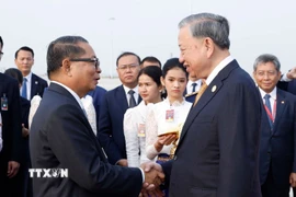 Lễ đón Tổng Bí thư Tô Lâm tại Sân bay Quốc tế Techo. (Ảnh: Thống Nhất/TTXVN)