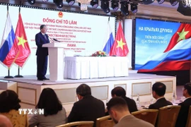 Tổng Bí thư Tô Lâm phát biểu tại buổi gặp mặt tri ân các nhân sỹ, trí thức, chuyên gia Nga từng giúp đỡ Việt Nam. (Ảnh: Thống Nhất/TTXVN)