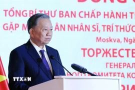 Tổng Bí thư Tô Lâm phát biểu tại buổi gặp mặt tri ân các nhân sĩ, trí thức, chuyên gia Nga từng giúp đỡ Việt Nam. (Ảnh: Thống Nhất/TTXVN)
